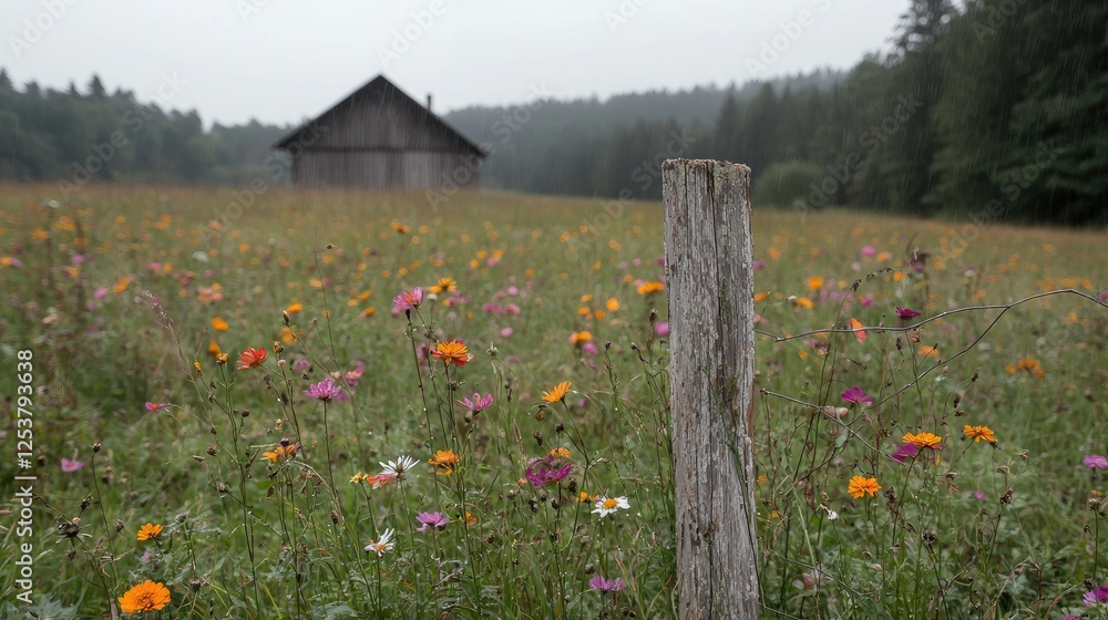 Obraz premium Rustic cabin in a meadow of wildflowers on a cloudy day