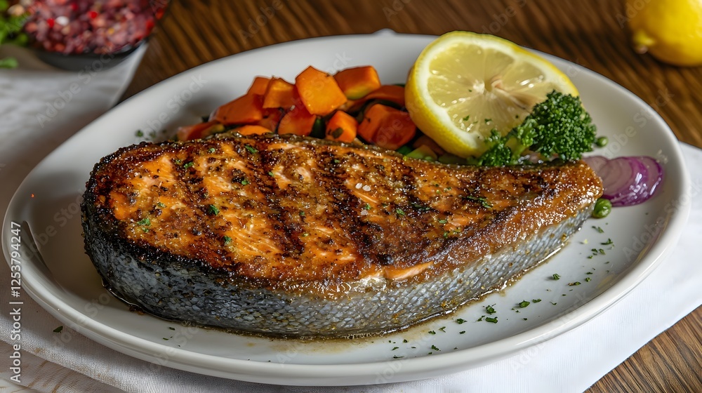 Delicious Grilled Salmon Steak with Roasted Vegetables Delicious Grilled Salmon Steak with Roasted Vegetables
