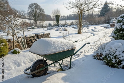 Wallpaper Mural A large wheelbarrow buried under a heavy blanket of fresh snow in a rural garden, , fresh snow, rural landscape, wheelbarrow Torontodigital.ca