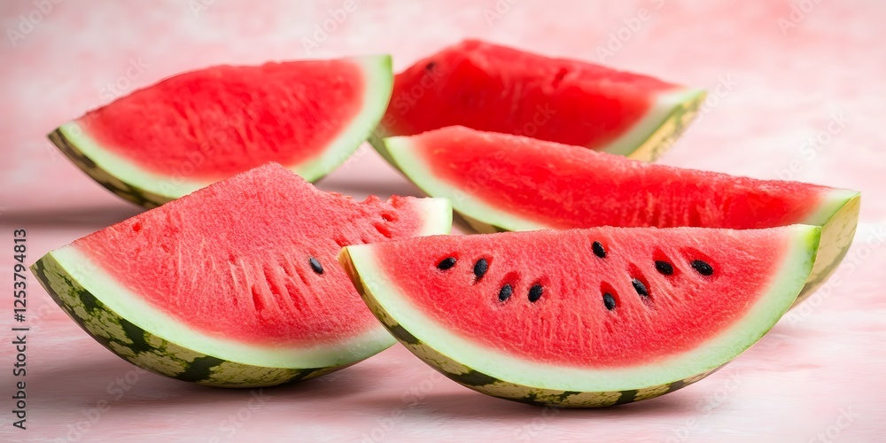 Juicy Watermelon Slices Summer Fruit Pink Background Juicy Watermelon Slices Summer Fruit Pink Background