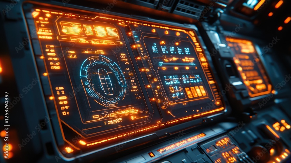 Futuristic control panel with glowing interface elements and data displays. Futuristic control panel with glowing interface elements and data displays.