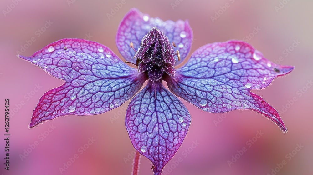 Fototapeta premium Purple flower dew drops close-up macro garden background nature