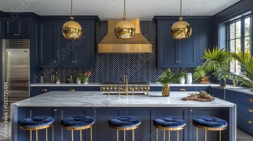 Elegant Navy Blue Kitchen with Gold Accents: A Modern Design featuring a Large Island, Pendant Lights, and Herringbone Backsplash