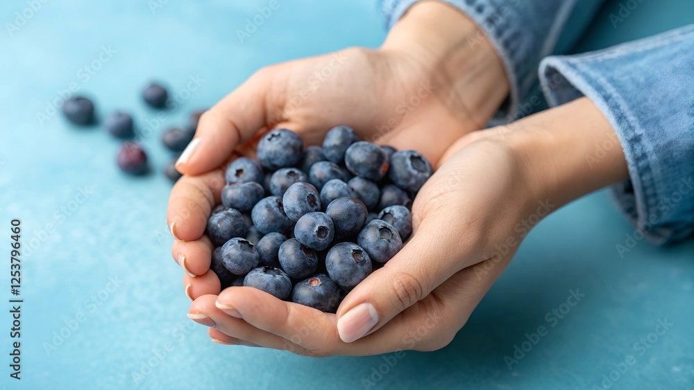A handful of fresh ripe blueberries with a small green leaf, held gently in cupped hands. The image symbolizes healthy eating, freshness, and organic food. Ideal for nutrition and wellness topics. A handful of fresh ripe blueberries with a small green leaf, held gently in cupped hands. The image symbolizes healthy eating, freshness, and organic food. Ideal for nutrition and wellness topics.