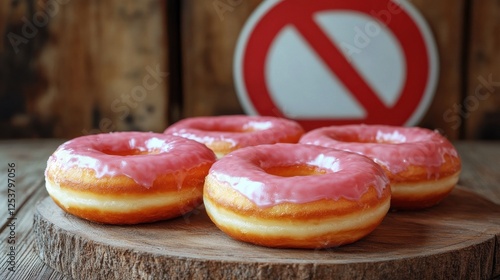 fast food, low carb diet, fattening and unhealthy eating concept - close up of glazed donuts on wooden board behind no symbol or circle-backslash prohibition sign photo