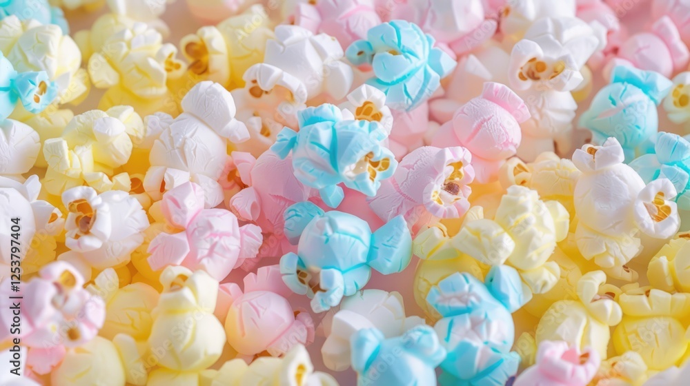 Fototapeta premium Colorful pastel popcorn in pink, blue and yellow colors arranged in flat lay background