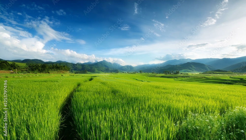 春の田園風景 稲作の田んぼや野原が広がる風景。遠くに見える山々と空との間に広大な余白が確保され、自然な背景として利用可能。 春の田園風景 稲作の田んぼや野原が広がる風景。遠くに見える山々と空との間に広大な余白が確保され、自然な背景として利用可能。