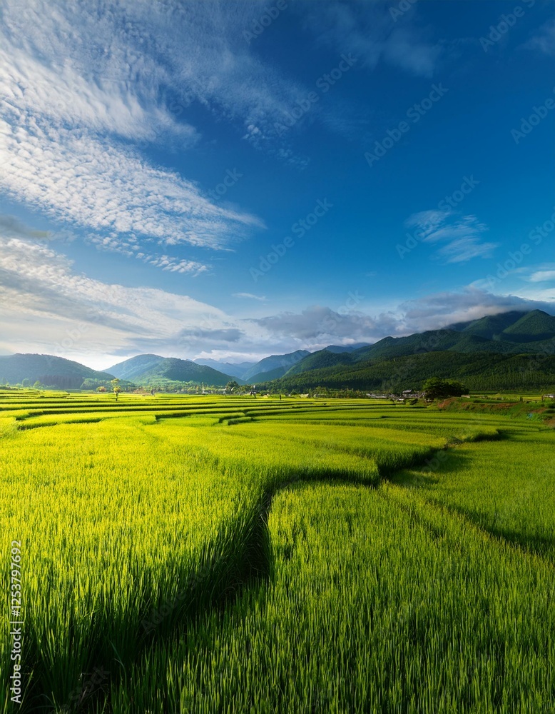 Obraz premium 春の田園風景 稲作の田んぼや野原が広がる風景。遠くに見える山々と空との間に広大な余白が確保され、自然な背景として利用可能。