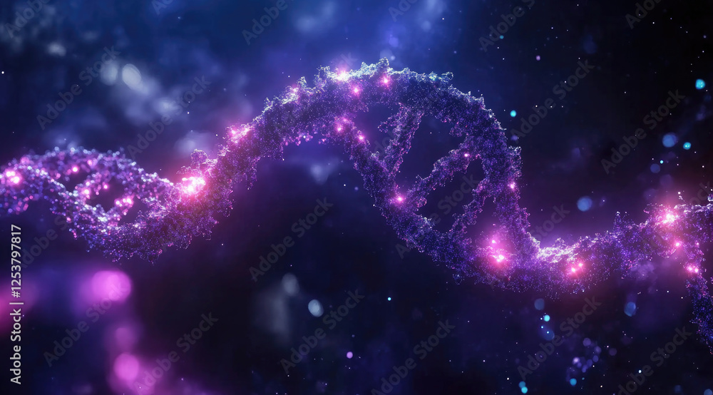 Glowing DNA helix in cosmic background, science concept Glowing DNA helix in cosmic background, science concept