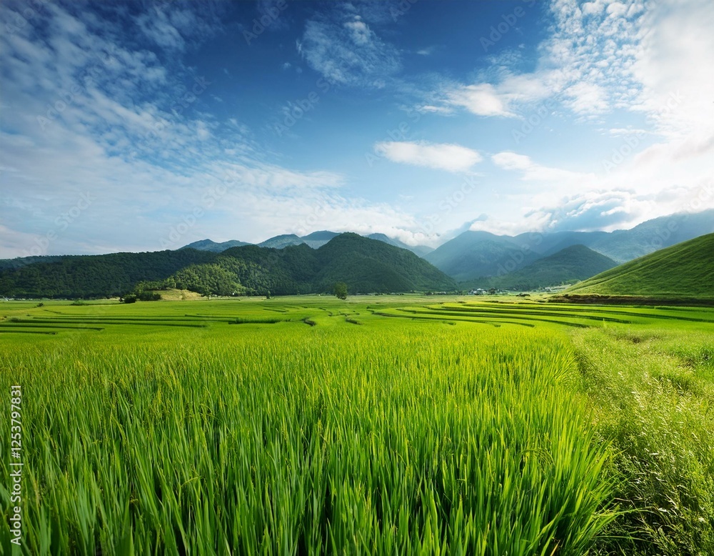春の田園風景 稲作の田んぼや野原が広がる風景。遠くに見える山々と空との間に広大な余白が確保され、自然な背景として利用可能。 春の田園風景 稲作の田んぼや野原が広がる風景。遠くに見える山々と空との間に広大な余白が確保され、自然な背景として利用可能。