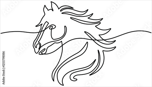 Horse head continuous one line drawing. majestic horse depicted in a continuous line drawing style. Isolated on white background.