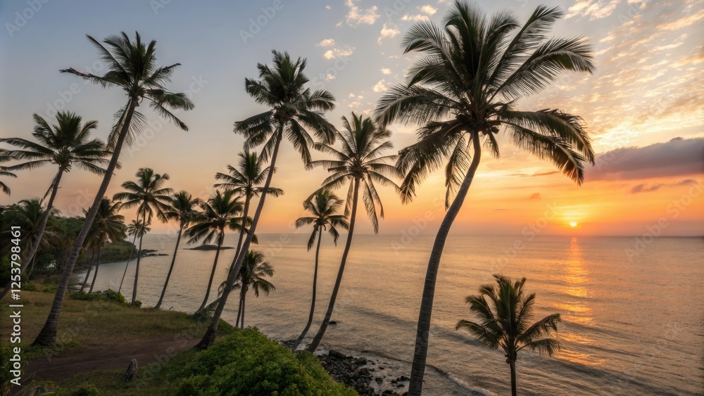 A cluster of palm trees with leaves rustling together in the ocean air as the sun sets over the water, beach, golden hour, warm light, palms, waves A cluster of palm trees with leaves rustling together in the ocean air as the sun sets over the water, beach, golden hour, warm light, palms, waves