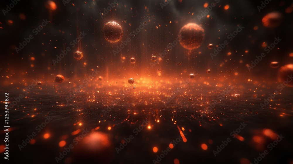 Fototapeta premium Abstract Digital Art with Floating Light Particles and a Glowing Red Atmosphere in Space