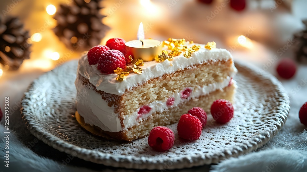 A rich almond cake slice topped with edible gold flakes, raspberries and a candle, nestled on a textured plate surrounded by soft lighting A rich almond cake slice topped with edible gold flakes, raspberries and a candle, nestled on a textured plate surrounded by soft lighting