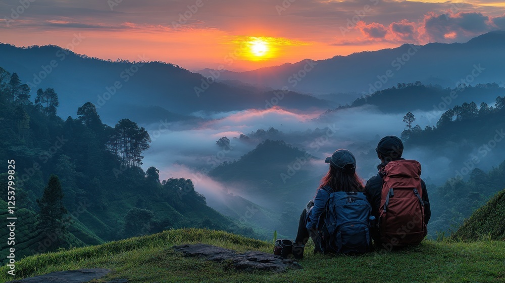 Fototapeta premium Couple watching sunrise over misty mountains.