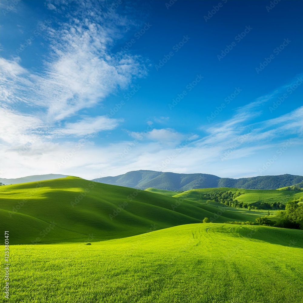 Obraz premium 新緑の丘と広がる空 若葉が一斉に芽吹く丘の風景。遠くに広がる明るい青空が大きなコピースペースとなり、シンプルな背景を演出。