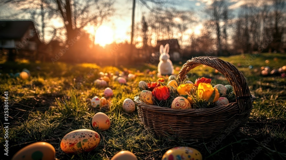 Naklejka premium Easter Eggs in Basket at Sunset