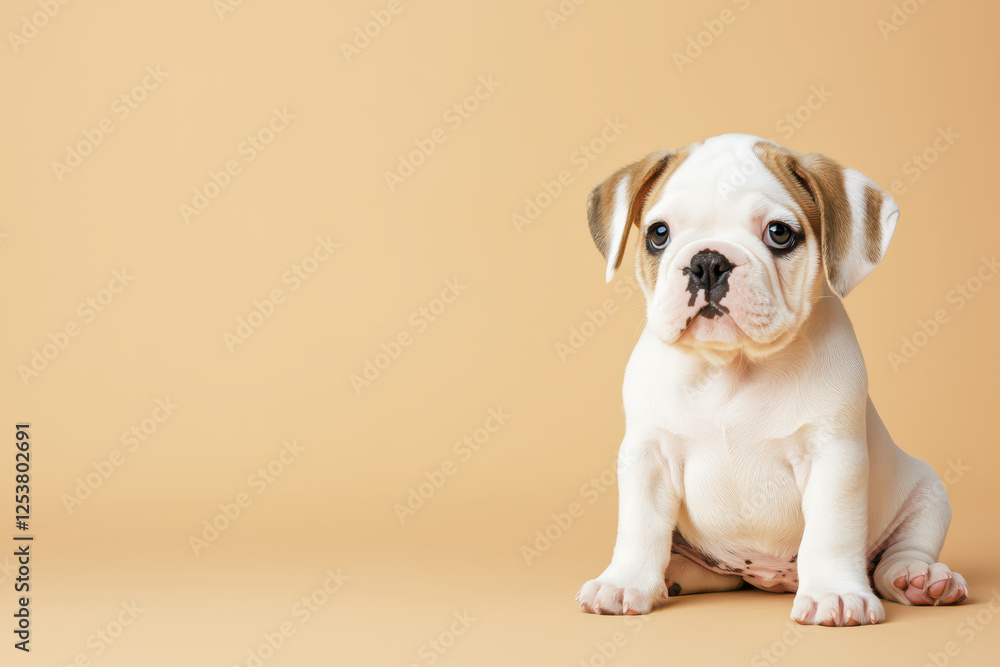 Adorable bulldog puppy sitting on beige background, looking curious and playful Adorable bulldog puppy sitting on beige background, looking curious and playful