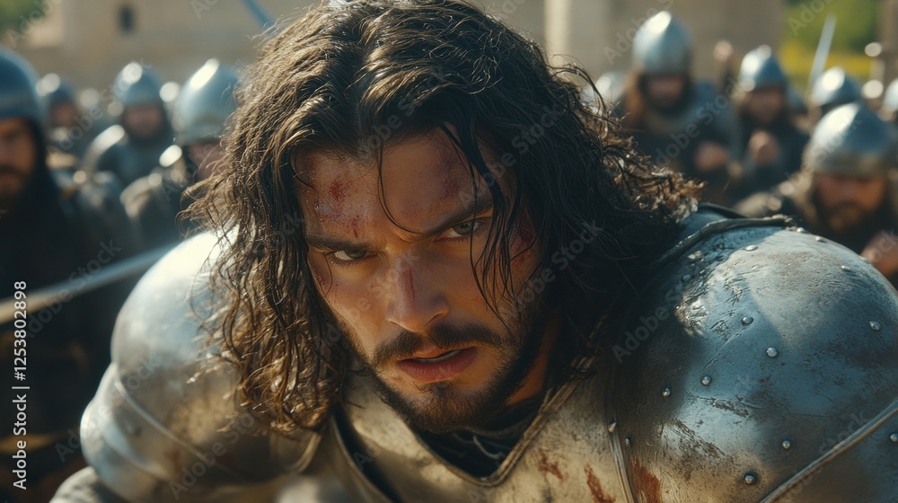 Intense Portrait of a Battle-Scarred Warrior in Medieval Armor with an Emotional Expression Intense Portrait of a Battle-Scarred Warrior in Medieval Armor with an Emotional Expression
