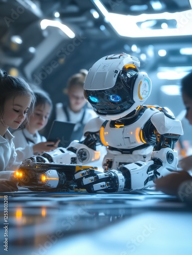 Wallpaper Mural Happy diverse school children students group building robotic vehicle robot cars using tablet computer education software apps. Kids learning programming sit at table at STEM coding engineering class Torontodigital.ca