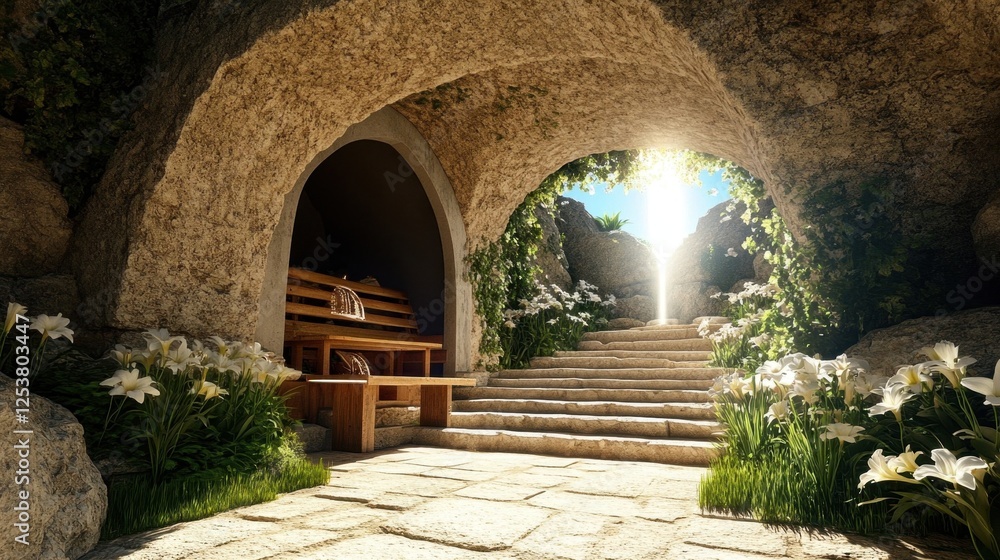 Naklejka premium Stone Cave Entrance with Bench and Flowers