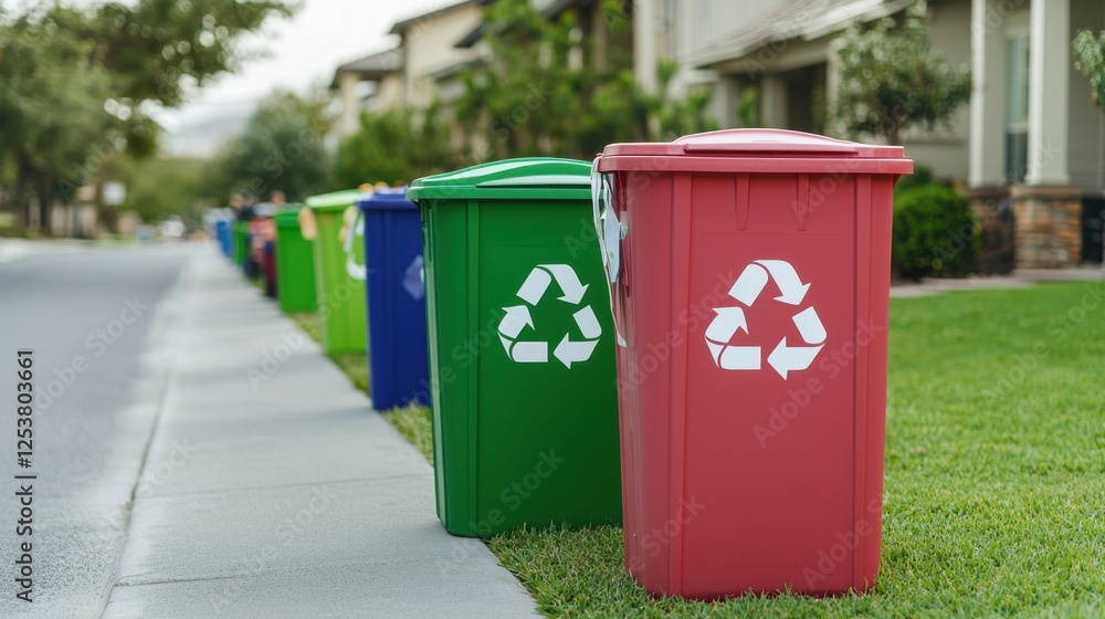 Colorful recycling bins line a suburban street, featuring recognizable recycling symbols, promoting eco-friendly waste management. Colorful recycling bins line a suburban street, featuring recognizable recycling symbols, promoting eco-friendly waste management.