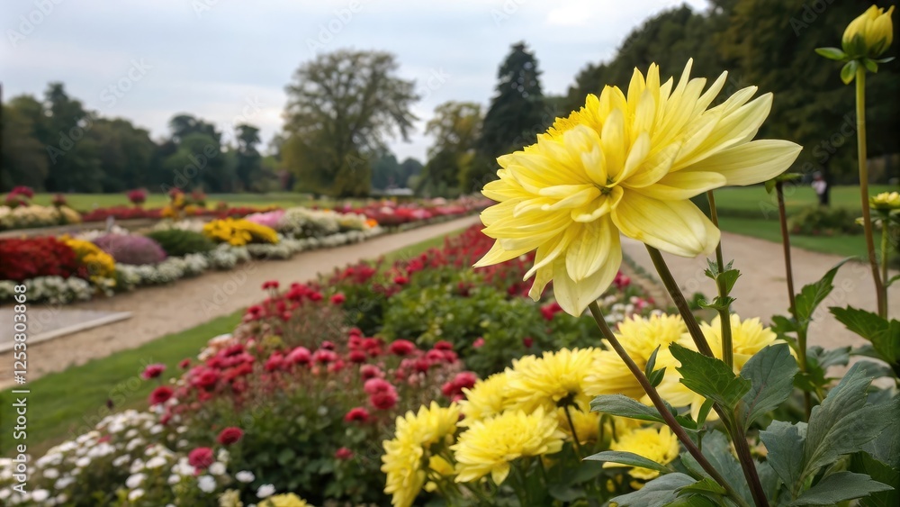 A bright yellow flower with delicate petals stands out against a colorful arrangement of various types of flowers in a garden setting, spring blooms, vibrant colors A bright yellow flower with delicate petals stands out against a colorful arrangement of various types of flowers in a garden setting, spring blooms, vibrant colors