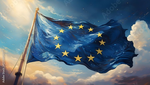 The European Union flag on a pole blowing in the wind photo