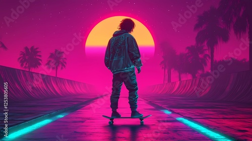Futuristic characters in retrowave synthwave aesthetic, surrounded by neon city lights, glowing elements, and surreal cyber atmosphere, cinematic book illustration style