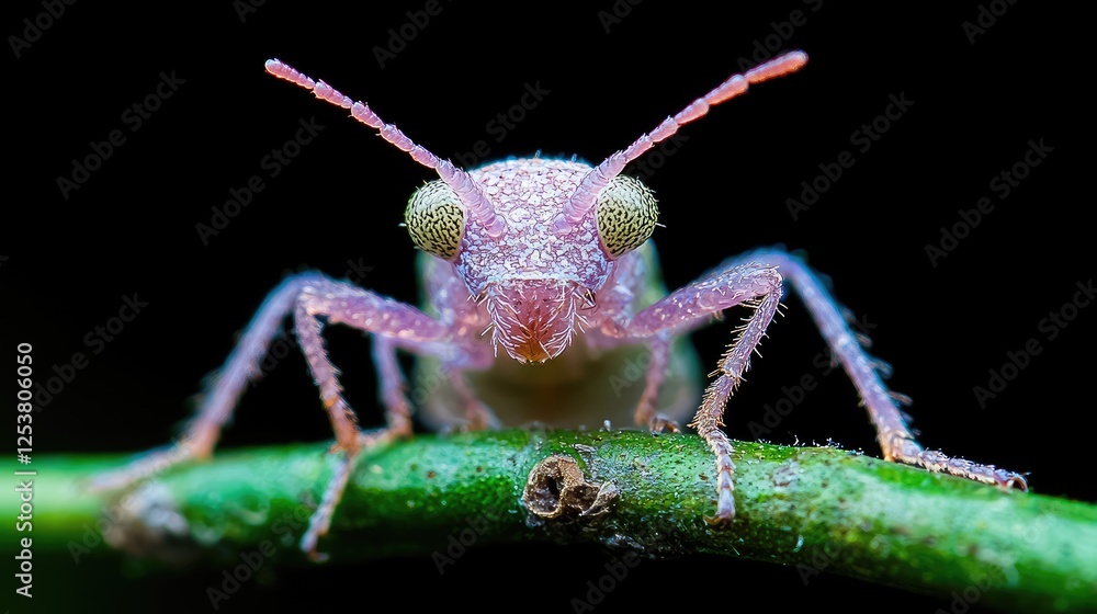 Pink planthopper on twig, macro shot, dark background, nature study Pink planthopper on twig, macro shot, dark background, nature study