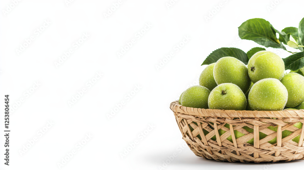 Fresh green apples in woven basket with leaves, perfect for healthy snacks Fresh green apples in woven basket with leaves, perfect for healthy snacks