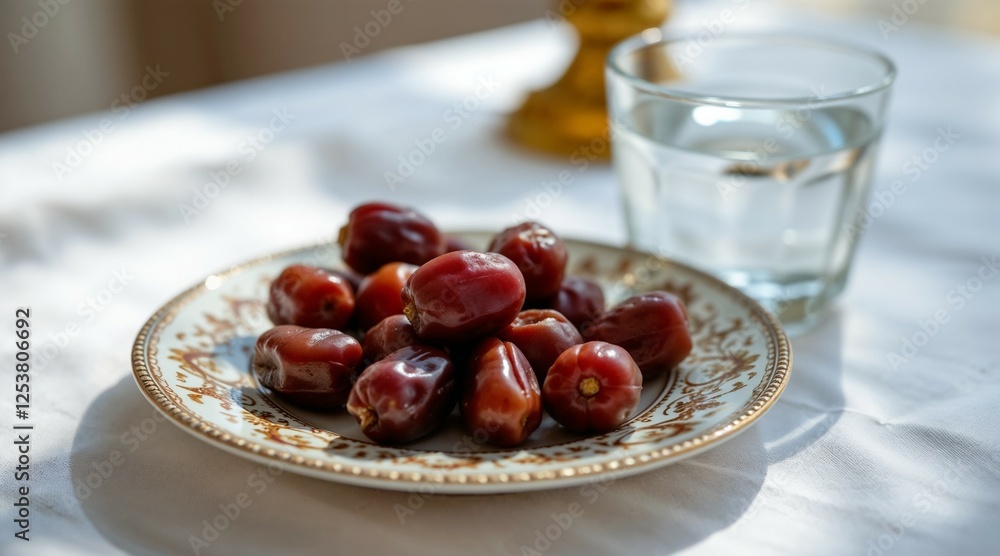 Fresh dates and water for Iftar, elegant mood, close-up on a decorative plate with natural light