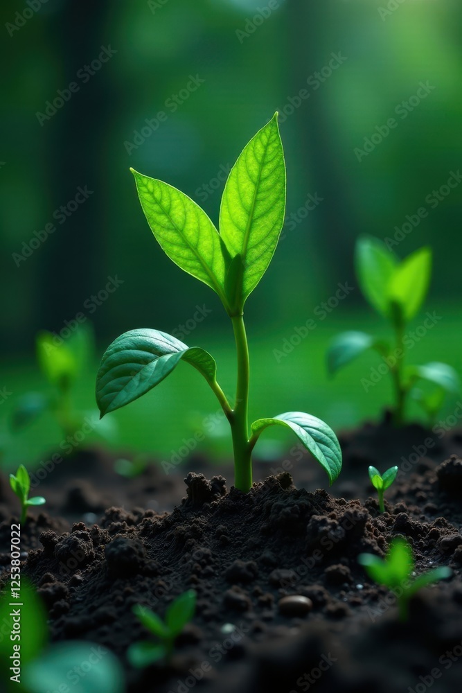 Fototapeta premium Dark green shoot bursts forth from damp ground, fertile, ground