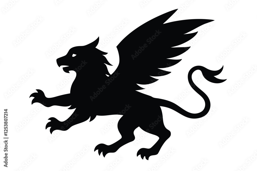 Fototapeta premium Silhouette vector illustration of a griffin flying icon on a black and white background