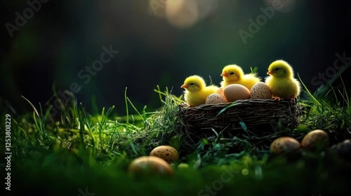 Three Baby Chicks in Nest with Eggs photo