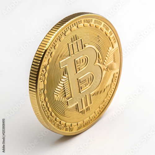 Close-Up of a Detailed Bitcoin Coin in Shimmering Gold Finish on a White Background, Ideal for Representing Cryptocurrency Themes, Digital Investment, and Modern Finance Concepts