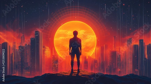 Synthwave-inspired people with cyberpunk fashion, neon lighting, and abstract futuristic city background, glowing in vibrant colors, digital painting illustration style