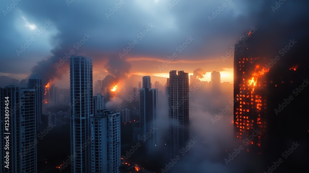 Fototapeta premium burning city in flame fire and smoke at night time