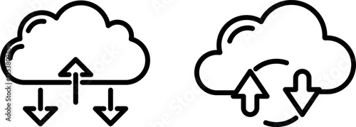 "Cloud Computing and Arrows Outline Icon Representing Data Flow, Transfer, and Cloud Services"