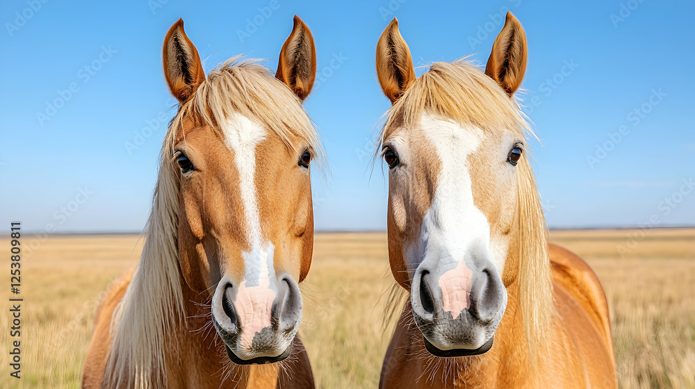 Naklejka premium Two palomino horses field portrait, sunny day