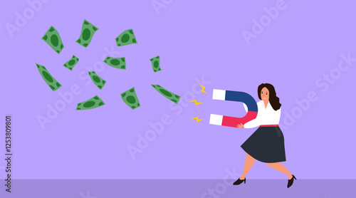 businesswoman using magnet to collect earn attract money business concept vector illustration