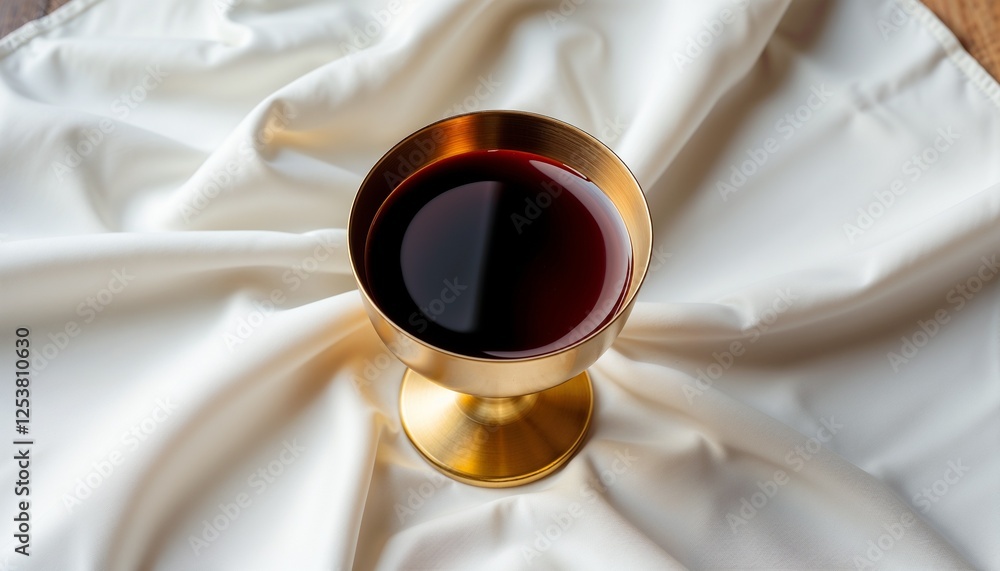 Top-down view of a simple golden chalice with dark red wine, placed on white cloth, symbolizing purity and tradition.