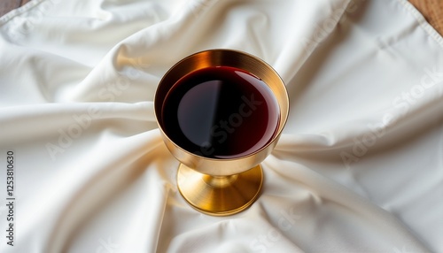 Obraz na płótnie Top-down view of a simple golden chalice with dark red wine, placed on white cloth, symbolizing purity and tradition. w salonie