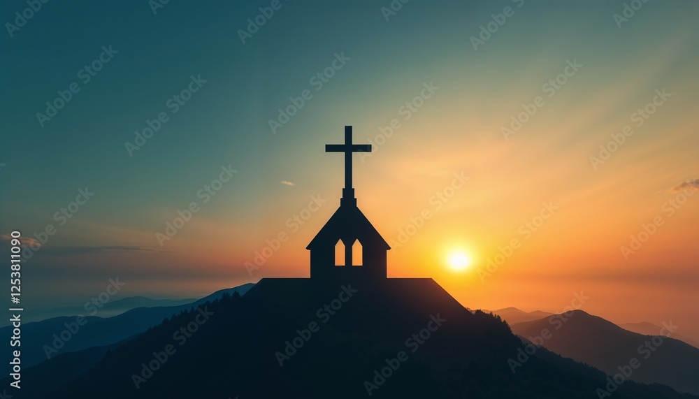 Silhouette of a church with a cross against a breathtaking sunrise over mountainous horizon, Palm Sunday.