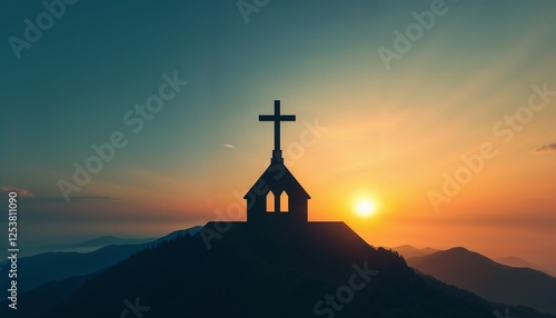 Obraz na płótnie Silhouette of a church with a cross against a breathtaking sunrise over mountainous horizon, Palm Sunday. w salonie