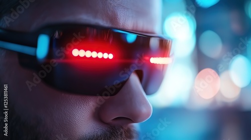 Wallpaper Mural cyberpunk man wearing glasses with neon light glow , futuristic cityscape as background Torontodigital.ca