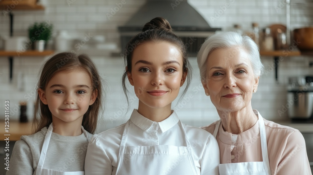 The image showcases three generations of women working together in a kitchen, with a focus on the center woman who is likely a grandmother, a mother, and her child. They are all wearing aprons, The image showcases three generations of women working together in a kitchen, with a focus on the center woman who is likely a grandmother, a mother, and her child. They are all wearing aprons,