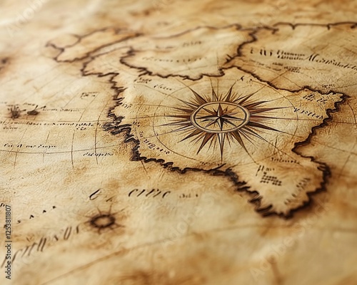 Close-up of antique, aged treasure map with compass rose.
