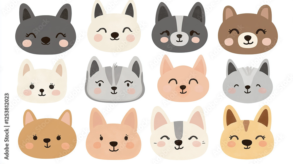 Fototapeta premium Cute Kawaii Dog Faces in Pastel Colors