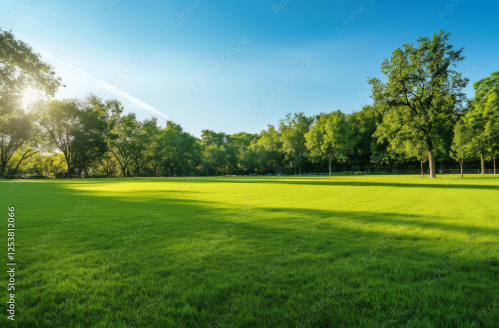 large grassy field with trees in background under clear blue sky, creating serene and peaceful atmosphere. sunlight filters through leaves, casting gentle shadows on vibrant green grass large grassy field with trees in background under clear blue sky, creating serene and peaceful atmosphere. sunlight filters through leaves, casting gentle shadows on vibrant green grass